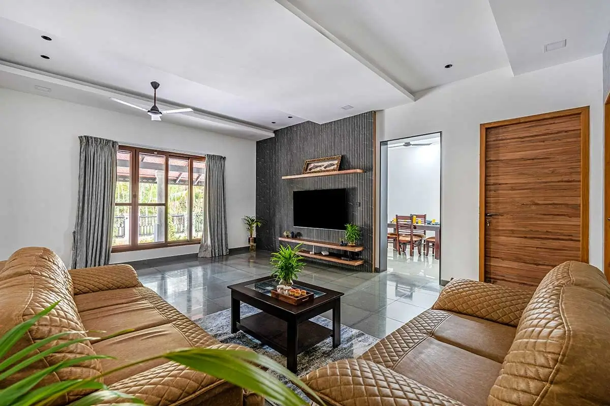 Modern living room at Senaro Luxury Farm House near Coimbatore with premium interiors