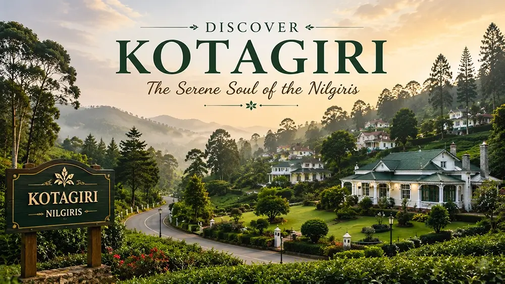 Scenic view of Kotagiri in the Nilgiris featuring tea estates, colonial bungalows, misty hills and luxury stays by Xplore Indo.